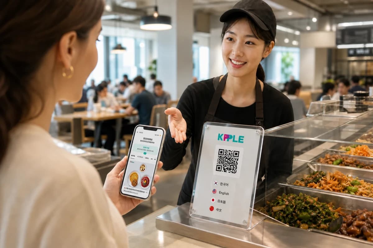 손님이 음식점에서 KPPLE QR 메뉴를 확인하는 모습