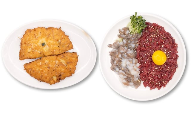 Panqueca de feijão mungo + tártaro de carne de vaca e polvo vivo picado 1