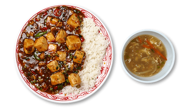 Spicy Bean Curd over Rice + Egg Soup 1