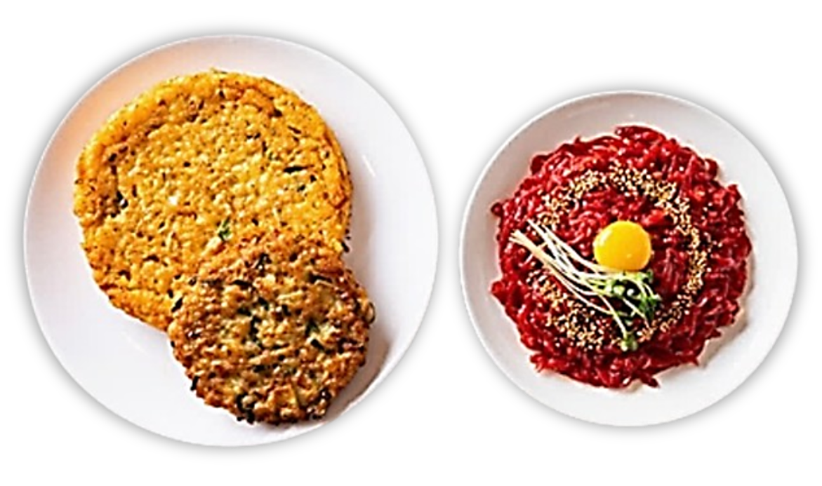 1 مونگ دال پین کیک + 1 پورک پیٹی + بیف ٹارٹار 1